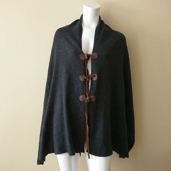 27 Miles Malibu Poncho Wrap OS Gray 100%Cashmere GenuineLeather Tie Boho Equestr - Picture 1 of 7